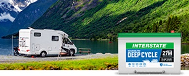 image of rv on road with Interstate Deep-Cycle Battery