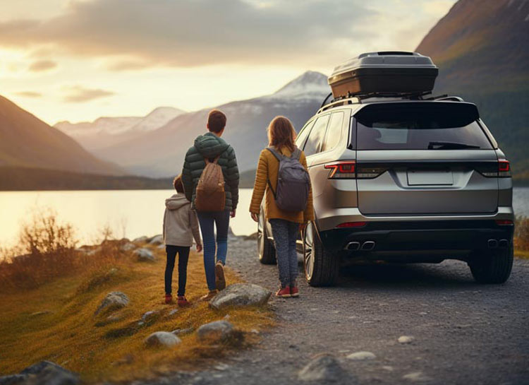 SUV and family standing next to a lake